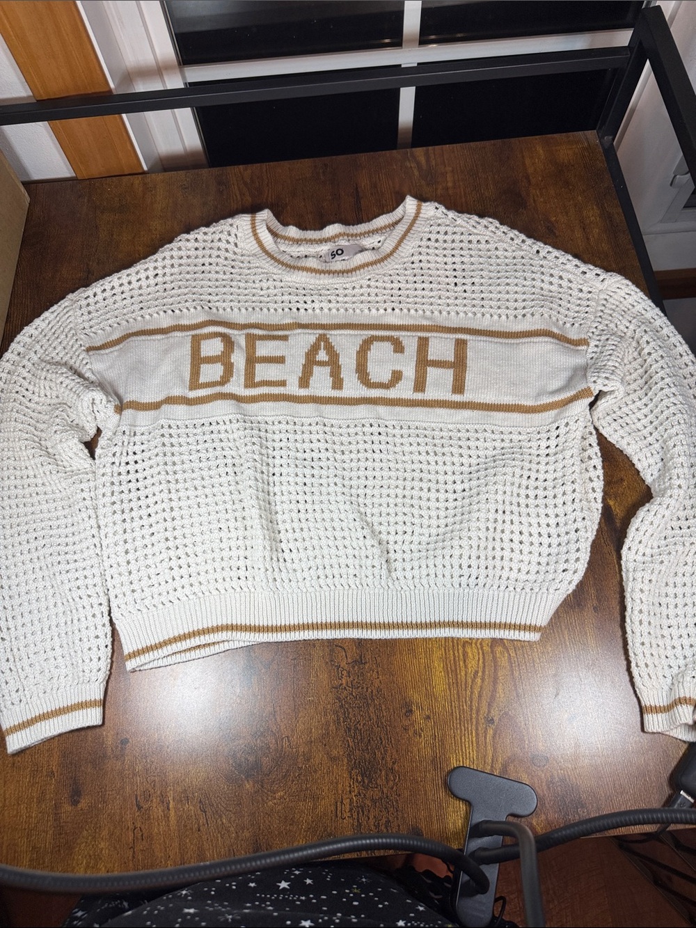 SO Beach Open Knit Crochet Sweater Large Cream Tan Coastal Pullover